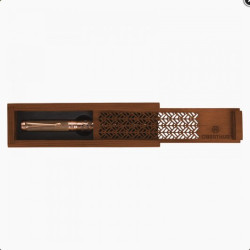 Coffret en bois avec stylo roller Oberthur Carthagene, noyer et or rose, motif geometrique ajoure
