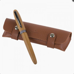Coffret Oberthur Quito comprenant un stylo roller en bois clair et un etui en cuir marron