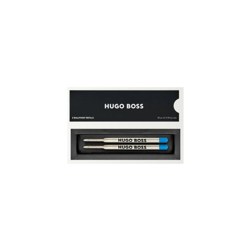 Deux recharges pour stylo bille Hugo Boss bleues taille M présentées dans leur coffret